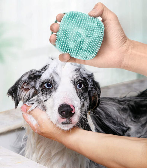 Dog Cat Bath Brush Silicone Rubber Dog Grooming Brush Puppy Massage Scrubber Hair Fur Grooming Cleaning Shower Soft Shampoo Dispenser 2pcs Pink...