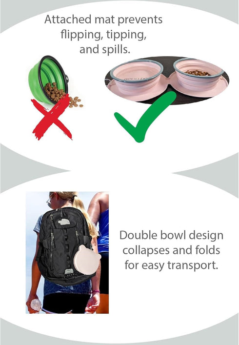 Good Dog Collapsible Double Dog Bowls, Durable Reinforced Rims, Travel Food and Water Bowls, Collapsible Slow Feeder Bowl, Attached No-Spill and A...