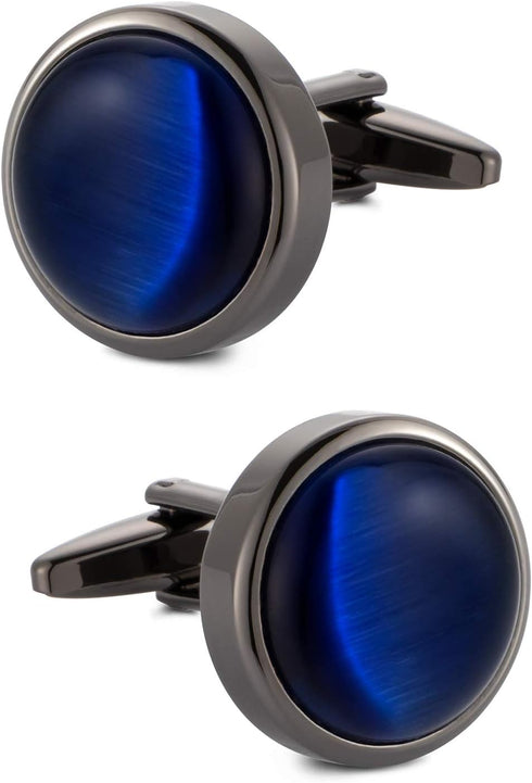 Round Cat Eye Cufflinks for Men Dark Blue Opal Cuff Links in Gun Black Business Shirt...
