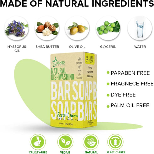 Natural Non-Toxic Dish Washing Block Soap - Dyes And Fragrance Free - Vegan Cruelty-Free Eco-Friendly And Zero Waste Dishwashing Handmade Solid Ba...