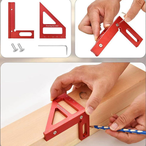 Imperial 3D Multi-Angle Measuring Ruler, Red 45/90 Degree Aluminum Alloy Woodworking Square Protractor, Miter Triangle Ruler High Precision Layout...