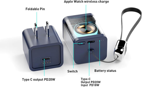 Portable Charger for Smart Watch, 5200mAh Travel Accessories Magnetic Wireless 4 in 1 Power Bank for Smart Watch,PD 20W GaN Fast Charging Block, B...