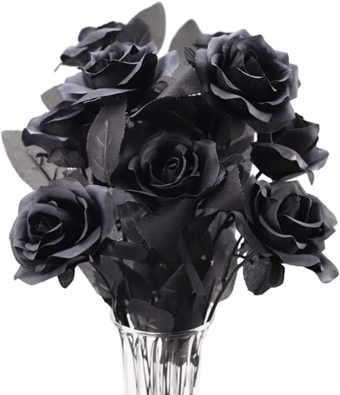 TUZAZO 10pcs Black Roses Artificial Flowers with Stems, Faux Silk Flowers Bridal Gothic Wedding Bouquet, Realistic Blossom Flora for Home, Office,...