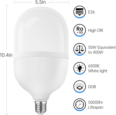 Super Bright Light Bulbs, 400-500W Equivalent Exceed 5000LM E26 LED Bulb, 6500K Daylight 50 Watt High Lumen LED Bulb for Home, Shopping mall, Hote...