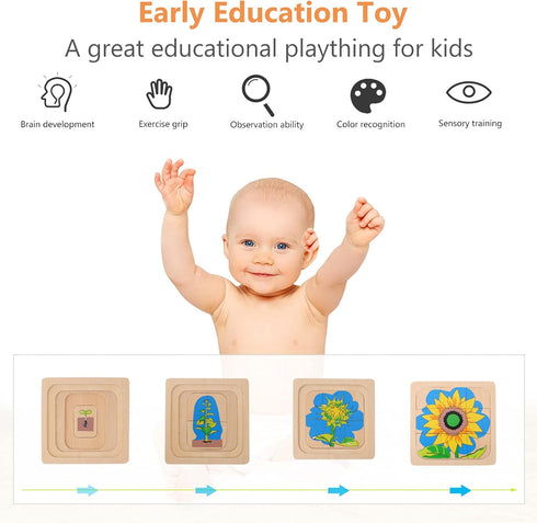 jojofuny 1 Set Wooden Multi Layered Puzzles, Life Cycle of Sunflower, Cartoon Montessori Toy DIY Puzzle Early Educational Toy for Children Kids...