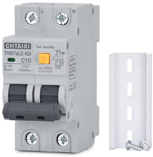 Ground Fault Circuit Breaker, 10 Amp 120V AC DIN Rail Mount Residual Current Circuit Breaker, Thermal-Magnetic Trip, Earth-leakage Protection Circ...