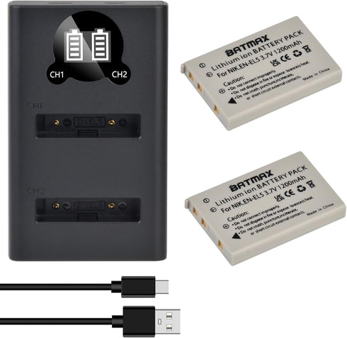 Batmax 2Pcs EN-EL5 Battery + Quick LED Charger for Nikon Coolpix P5000, P5100, P6000, S10 CoolPix 3700, 4200, 5200, 5900, 7900, P3, P4, P80, P90, ...