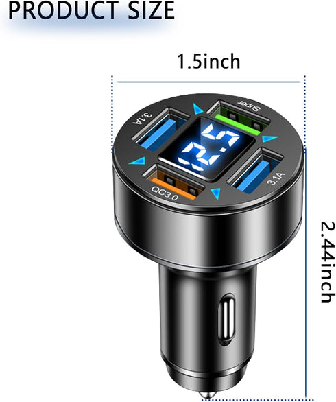 66W Fast Car Charger,4 Ports Cigarette Lighter USB Charger with LED Voltmeter,QC3.0/Super Port Car Charger Adapter Fast Charging,Compatible with A...