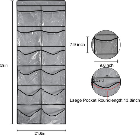 Clear Crystal 1 Pack 12Pockets Large Hanging Shoe Organizer Over The Door Shoe Rack for Closet Door Storage Shoe Holder Hanger, 4Hooks, Grey (59''...