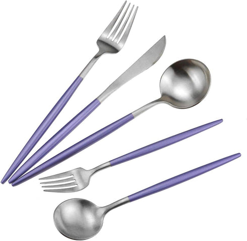 Gugrida Luxury Flatware, Royal 5 Piece Matte Purple Handle 18/10 Stainless Steel Tableware Sets for 1 Including Forks Spoons Knives, Camping Silve...