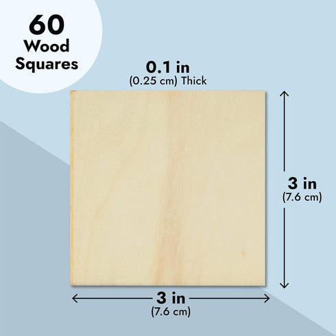 60 Pack Unfinished Wood Pieces 3x3 Inch, Blank Wooden Squares for Crafts, Cutout Tiles for DIY Coasters, Painting, Engraving...