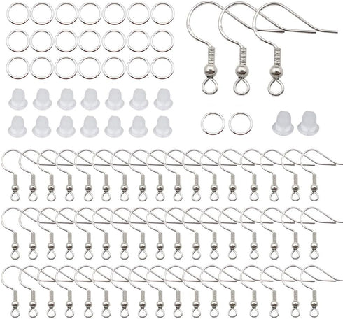 100PCS/50Pairs 925 Sterling Silver Earring Hooks,Ear Wires Fish Hooks,300pcs Hypoallergenic Earring Making kit with Jump Rings and Clear Rubber Ea...