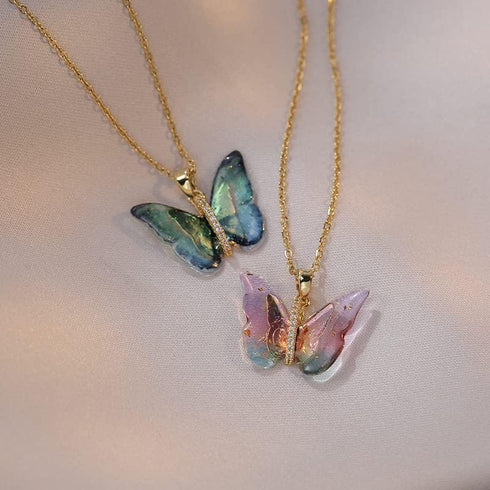 Butterfly Necklace for Women - Fairy Cubic Zirconia Butterfly Pendant Necklaces Titanium Steel (Gold Pink)...