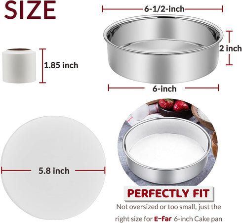 6 Inch Cake Pan Set of 2, E-Far Stainless Steel Round Layer Smash Cake Baking Pans with Parchment Rounds & Side Liner Roll, Non-Toxic & Healthy Me...