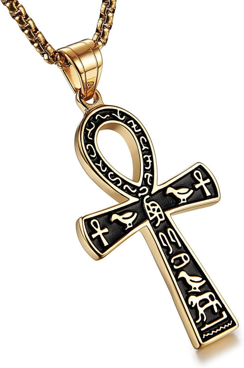 HZMAN Stainless Steel Large Ankh Cross Pendant Ancient Egyptian Hieroglyphic Symbol 22+2 Inch Chain...