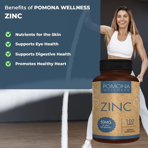 Pomona Wellness Zinc Supplements For Adults, 50mg, Skin Health And Immune Support, Easy To Swallow, For Antioxidant And Overall Health, Vegan, Non...