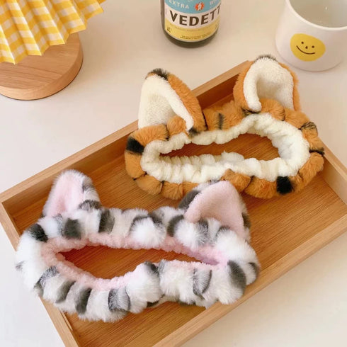 2 PCS Women Animal Ear Tiger Print Fuzzy Hairband Makeup Headband Elastic Stretch Head Wrap for Skincare Spa...