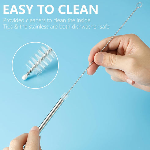 Senneny Set of 5 Stainless Steel Straws with Silicone Flex Tips Elbows Cover, 2 Cleaning Brushes and 1 Portable Bag Included (Silver)- 8mm diamete...