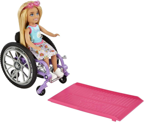 Barbie Chelsea Doll & Wheelchair with Moving Wheels, Ramp, Sticker Sheet & Accessories, Small Doll with Blonde Hair...