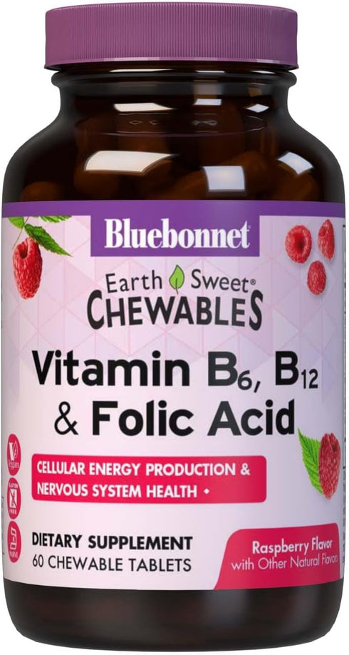 Bluebonnet Nutrition Earth Sweet Vitamin B6, B12, Plus Folic Acid Chewable Tablets, Vegan, Vegetarian, Gluten Free, Soy Free, Milk Free, Kosher, 6...