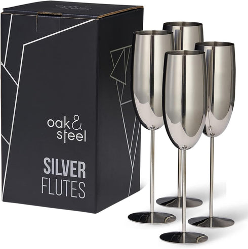 Oak & Steel - 4 Silver Stainless Steel Champagne Flutes with Gift Box, 284 ml - Elegant, Solid & Unbreakable - Outdoor Parties, Picnic, Beach & Po...