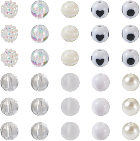 Cheriswelry 160Pcs 11-12mm ABS Imitation Pearl Beads White Round Heart Dot Pattern Transparent Acrylic Beads AB-Color Resin Rhinestone Beads Suppl...