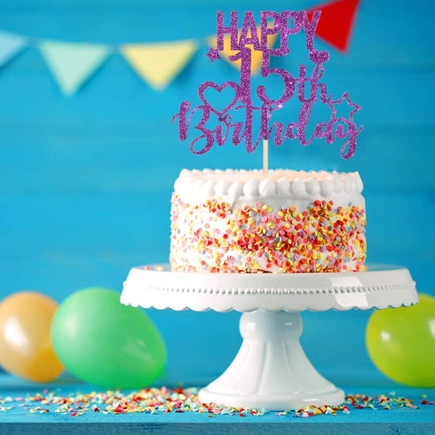 INNORU Purple Glitter Happy 15th Birthday Cake Topper for Cheers to 15 Years - Teenager Children's Birthday Party Cake Decorations...