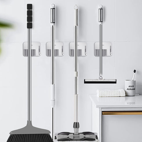 Broom Holder Self Adhesive No Drill Wall Mount Mop Broom Organizer with Hook Heavy Duty Stainless Steel Garden Tool Organizer Garage Storage and O...