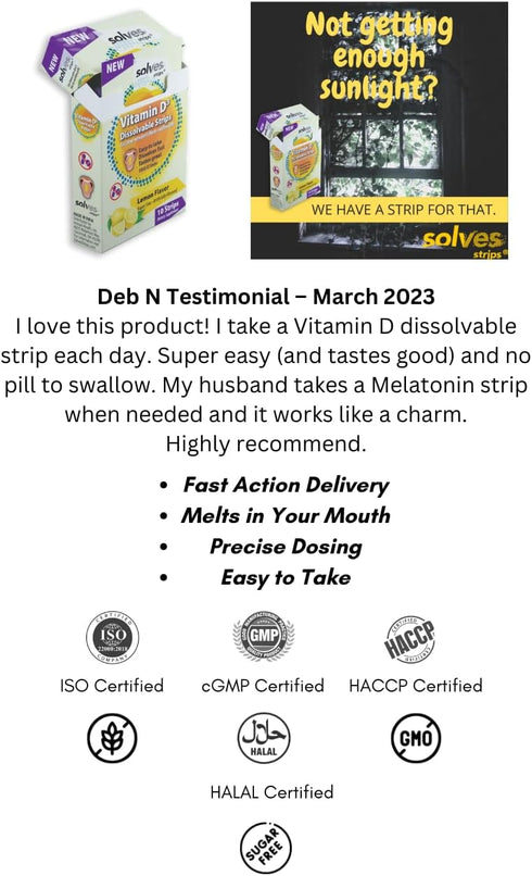 Solves Strips® Swift Vitamin D3 Uptake - Lemon Zest Twist, High Potency, Sugar Free, All-Natural, Pill-Free, Daily Bone & Immune Health Essential ...