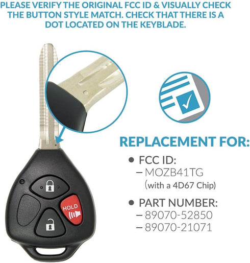 Keyless2Go Replacement for Keyless Entry Car Key Vehicles That Use MOZB41TG with 4D67 Chip...
