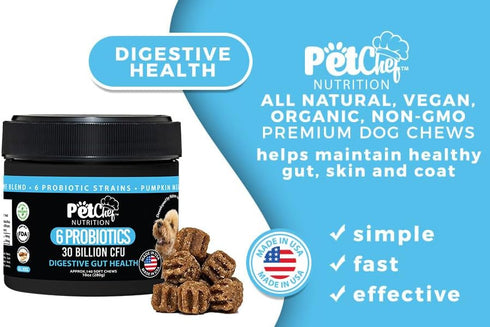 Pet Chef Probiotics Prebiotics Chew Treats for Dogs - Digestive Gut & Bowel Health Blend, Ideal for Puppies and Old Dogs with Stomach Issues, Alle...