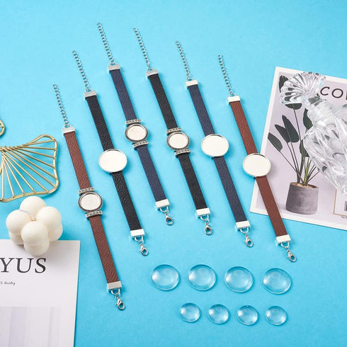 FASHEWELRY 14Pcs PU Leather Cord Bracelet Bezel Tray Blank Flat Round Cabochon Settings Bezel Tray Watch Bands Base Tray Bracelet Blanks with Glas...