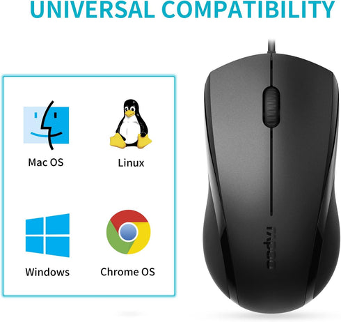Rapoo Silent Wired Mouse, 1000 DPI 5ft Cord Quiet Button Optical Computer Mouse, Left Right Hand Use, for Laptop Chromebook Mac Notebook, Matte Bl...
