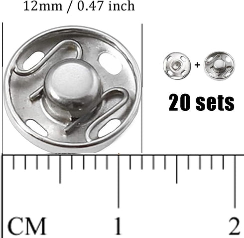 Ouliget Metal Sew On Snap Buttons, Fasteners Press Studs for Sewing Clothes Jeans Overcoat DIY,12mm Dia Snaps,20 Sets,Silver...