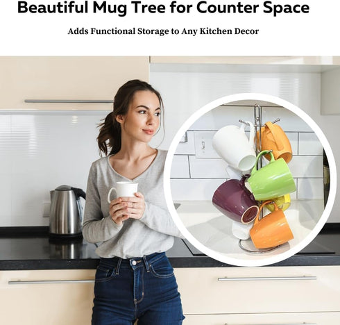 Evelots Countertop Coffee Mug Holder - Tea Cup Organizer Rack - Tree Hooks Hold 8 Large Mugs - Chrome - Coffee Bar Display Storage...