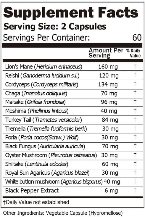 14 Mushrooms Supplement 120 Capsules - Immune System Booster & Nootropic Brain Supplement – with Lion’s Mane, Reishi, Maitake, Turkey Tail, Chaga ...