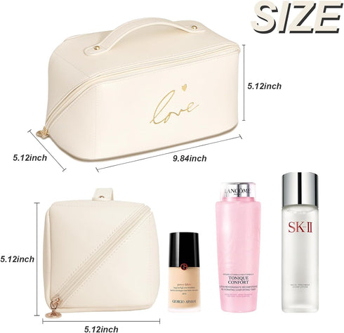 Travel Makeup Bag, Cute Love Cosmetic Bags for Women, Large Capacity Waterproof Portable Pouch Open Flat Toiletry Bag Make up Organizer with Divid...