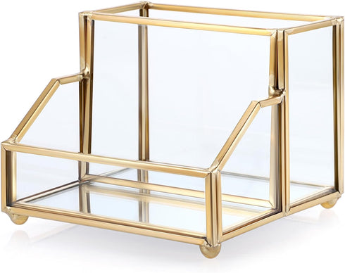 Hipiwe Glass Business Card Holder Stand with Pen/Pencil Organizer Gold Business Name Cards Display Holder for Home Office Desktop Countertop, 2 Sl...