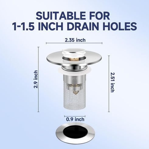 2 Pack Bathroom Sink Stopper, 2 in 1 Pop Up Bathroom Sink Drain Strainer with Hair Catcher Basket, Universal Wash Basin Drain Stopper for 1~1.5 In...