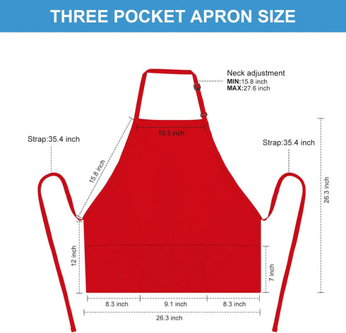2 Pack 3 Pockets 100% Cotton Adjustable Bib Apron Chef Kitchen Cooking Aprons for Women Men, Red...