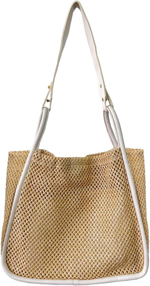 Women Faux Straw Bag Weave Tote Bag Summer Beach Bag Shoulder Bag Top Handle Bag Handbag 2 Pcs Set...