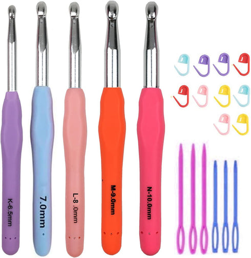 Weabetfu Large Size 6.5mm(K)/7.0mm/8.0mm(L)/9.0mm(M)/10.0mm(N/P) Crochet Hooks,Extra Long Crochet Hook for Arthritic Hands,Ergonomic Grip Soft Han...
