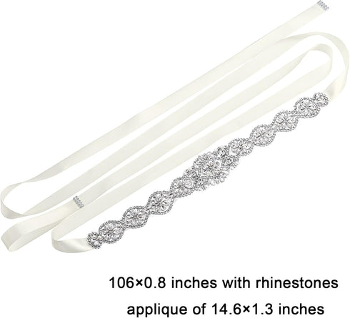 3 Pieces Rhinestone Bridal Belt, Silver Crystal Bridal Sash with White Ribbon Wedding Dresses Belt for Women, Bride, Bridesmaids, Gown, Party, Pro...