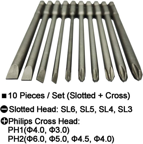 Long Slotted Head and Cross Phillips Screwdriver Bit Sets with 1/4 Inch Hex Shank 4 inch Lenght 4pcs Slotted Head and 6pcs Philips Cross Head Scre...