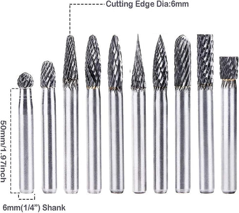 10pc Tungsten Carbide Burr Set 1/4" Shank Double Cut Rotary Cutting Burr Set Die Grinder Bits for Steel Metal Wood Woodworking Carving, Polishing,...