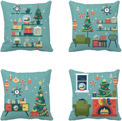 Set of 4 Throw Pillow Covers Green Modern Creative Christmas Tree and Mid Century Furniture Holiday on Shelf Fireplace 20x20 Inch Home Decor Pillo...