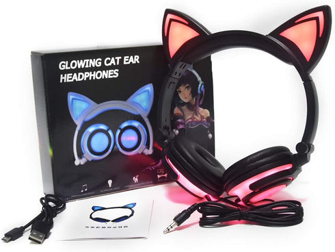 Kids Headphones with Cat Ears, LED Light Chargeable Earphones for Kids Teens Adults, Compatible for iPad, Tablet, Computer, Mobile Phone (Black&Pi...
