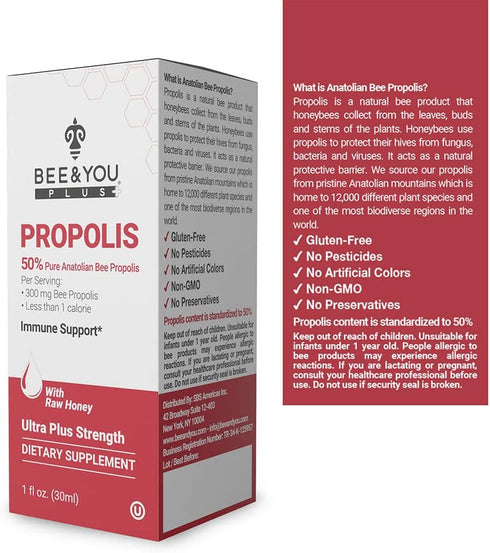 BEE&You, Propolis Liquid Extract Drops, 50% Pure Propolis, Ultra Plus Strength, Immune Support Supplement, Sore Throat, Allergy Relief, Respirator...
