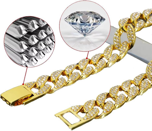 Dog Chain Collars, Diamond Necklace Metal Choke Cuban Link Dog Collar, 13mm Wide Pet Jewelry for Puppy Small Medium Large Dogs Cats Gold (14inch)...