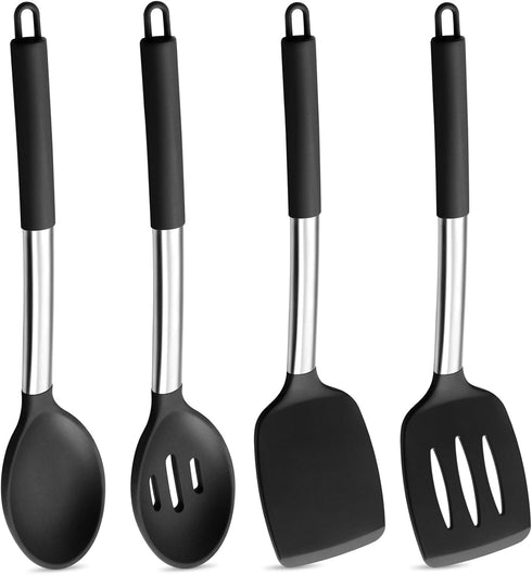 P&P CHEF Black Kitchen Cooking Utensil Set of 4, Silicone Solid Spatulas Slotted Spoons Turners for Non-stick Cookware Flipping Mixing, Heat-proof...